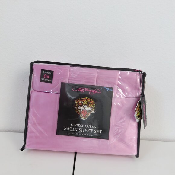Ed Hardy 6-Piece Queen Lit Fuchsia Satin  Sheet Set - Picture 1 of 4